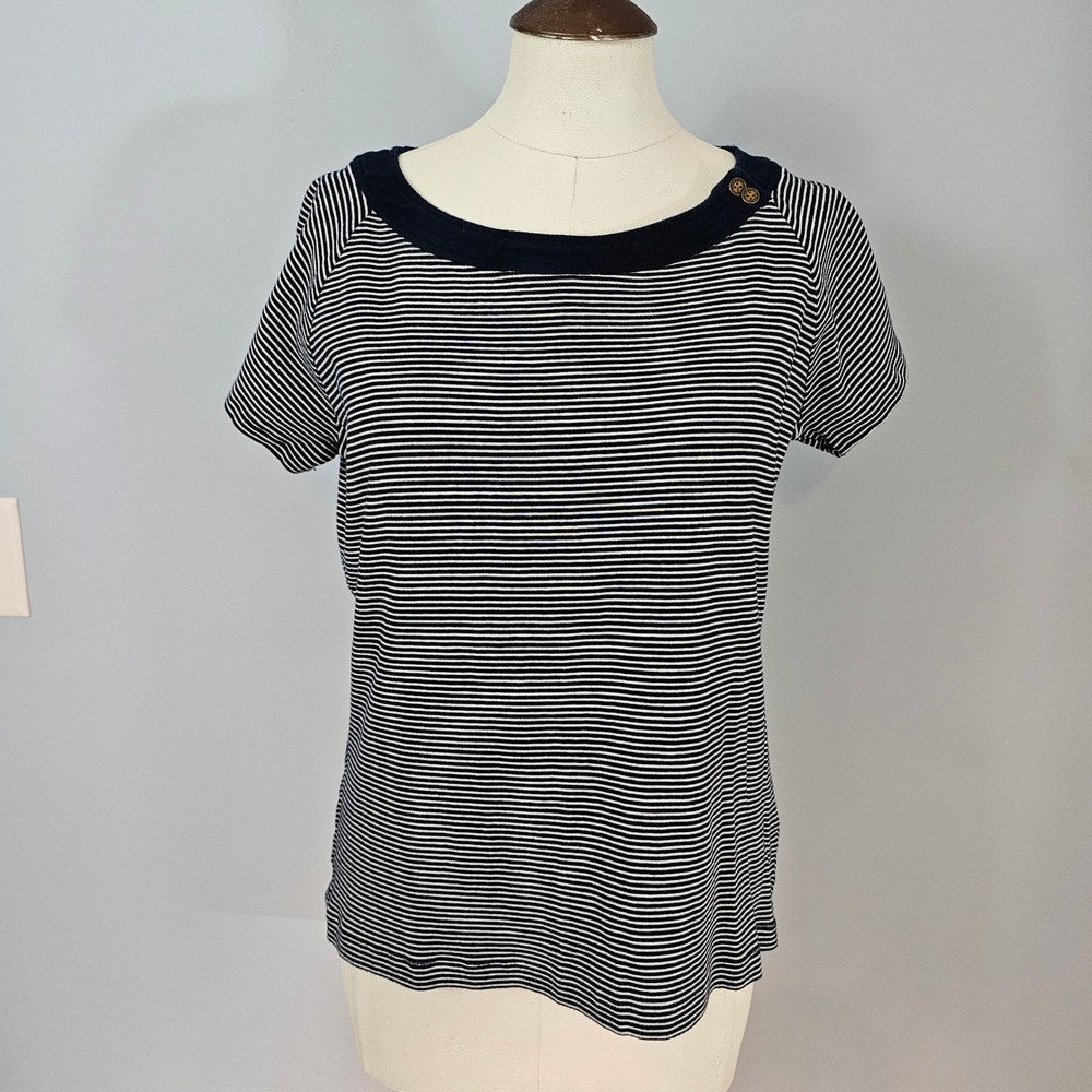Chaps Classics Navy White Stripe Boat Neck Button Detail Short Sleeve T Shirt XL